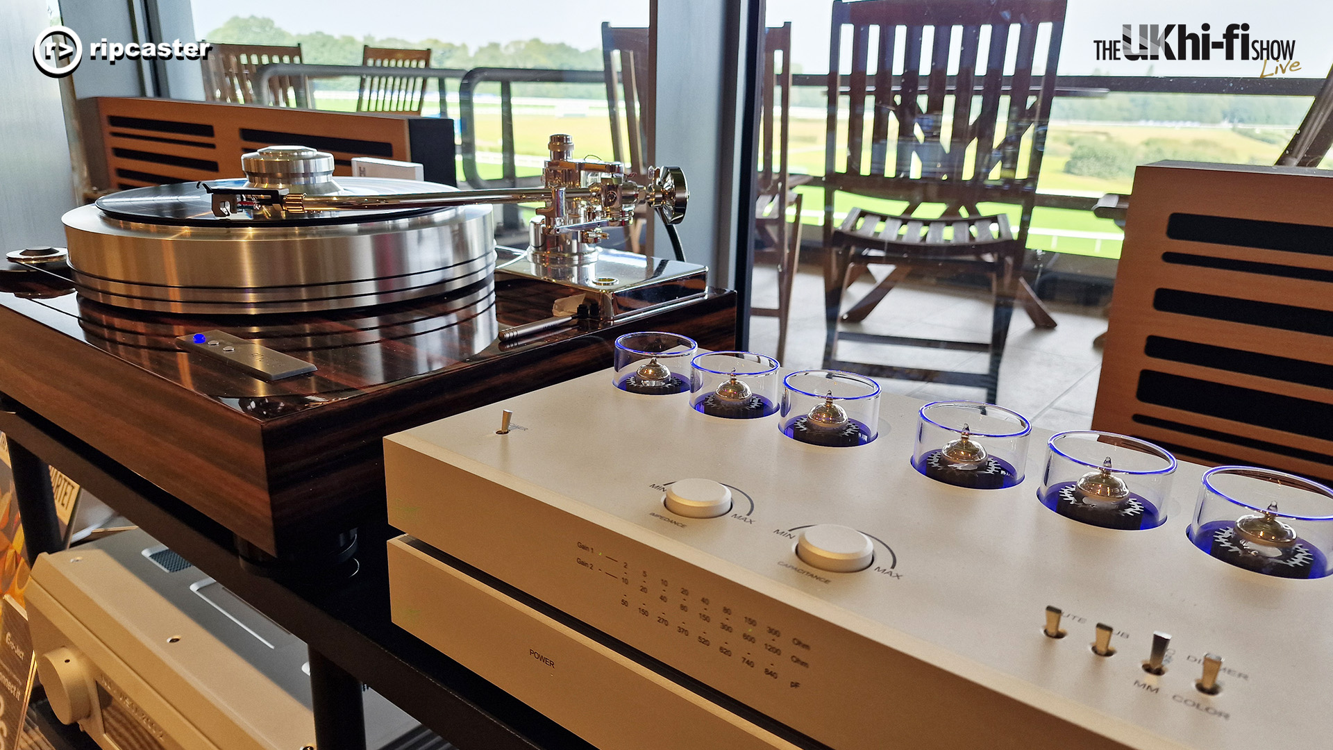 Two pieces of HiFi Equipment at the Ascot HiFi Show with a view of the racecourse in the background