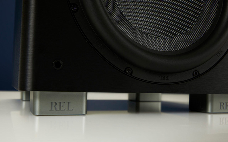 close-up of the bottom of a REL HT/1205 MKII Subwoofer
