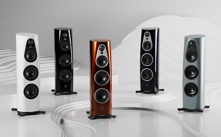 Five Linn 360 speakers each in a different colour finish