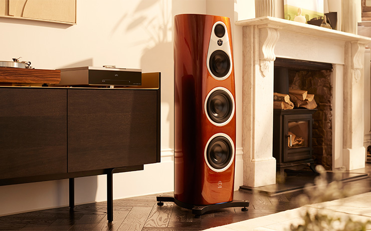 A Linn 360 speaker in Single Malt (which is an amber shade).  To the left of it is a sideboard with an LP12 on and a DSM.  To the right is a woodburning stove inside a traditional fireplace