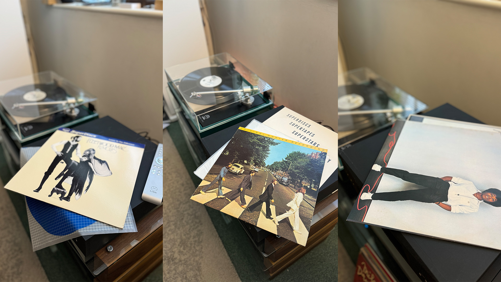 Three images of vinyl sleeves side-by-side.  Each image has a record player in the background