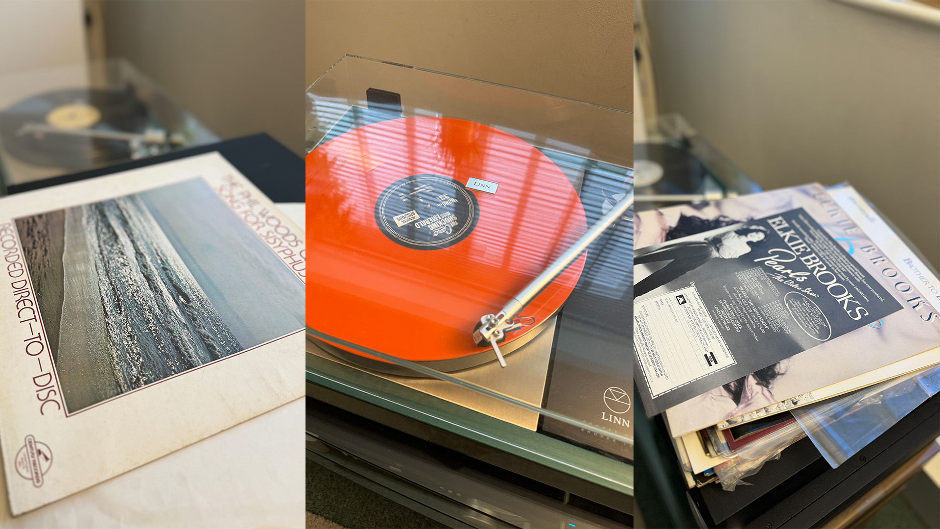 Three images: one of a vinyl sleeve with a record player in the background.  The middle image is of an orange record on a record player and the one to the right is the vinyl sleeve for Elkie Brooks