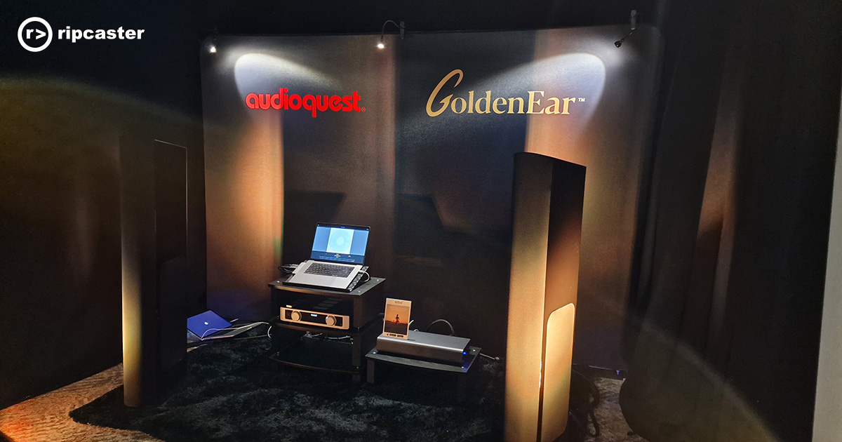 A stand at the Bristol HiFi Show - audioquest and goldenEar