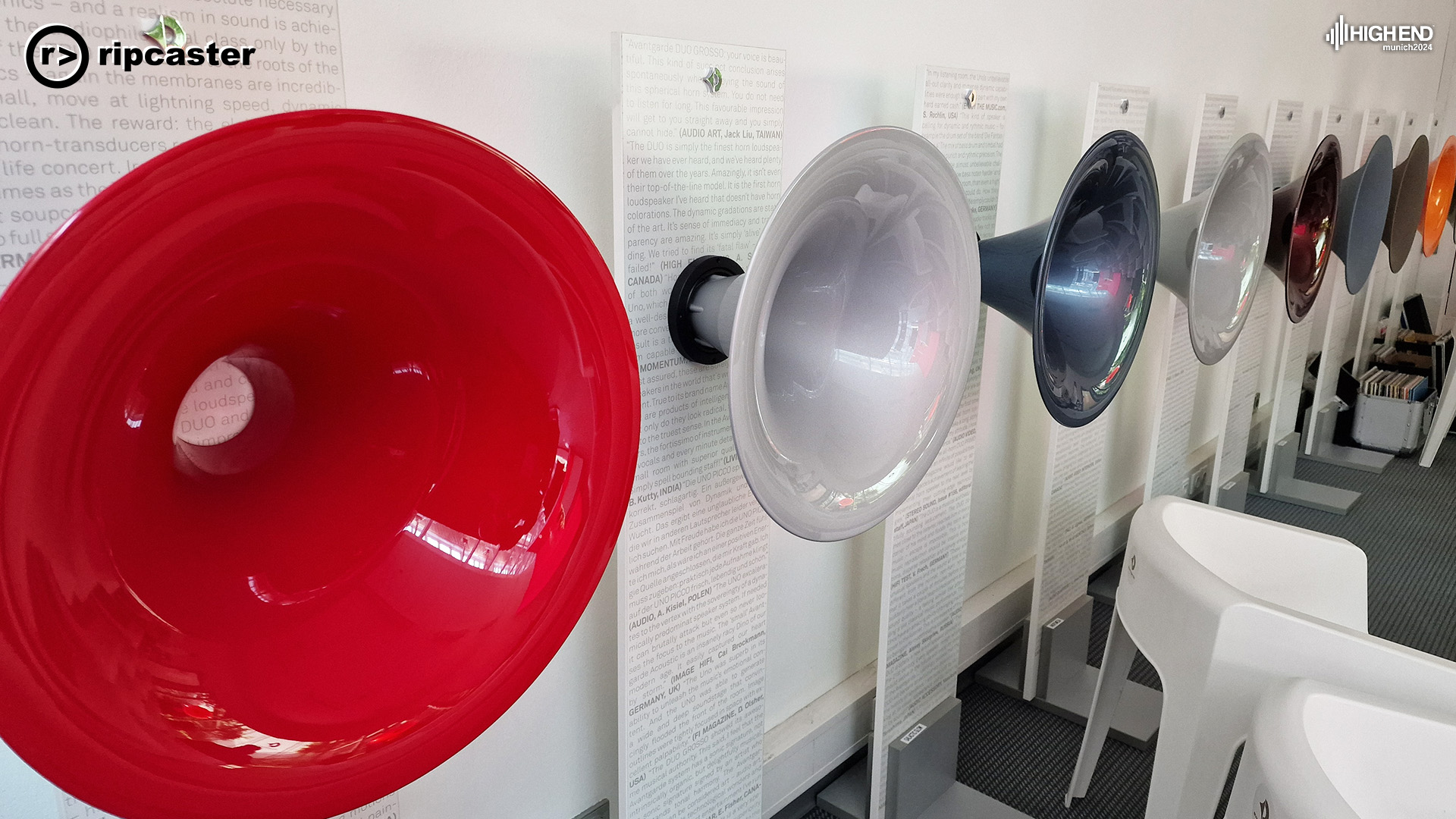 A line up of speaker funnels in different colours