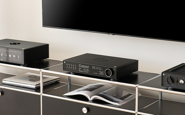 HiFi Rose RD160 in black on a long shelf unit