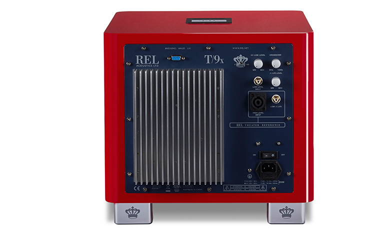 REL T/9x subwoofer in red.  Rear view.