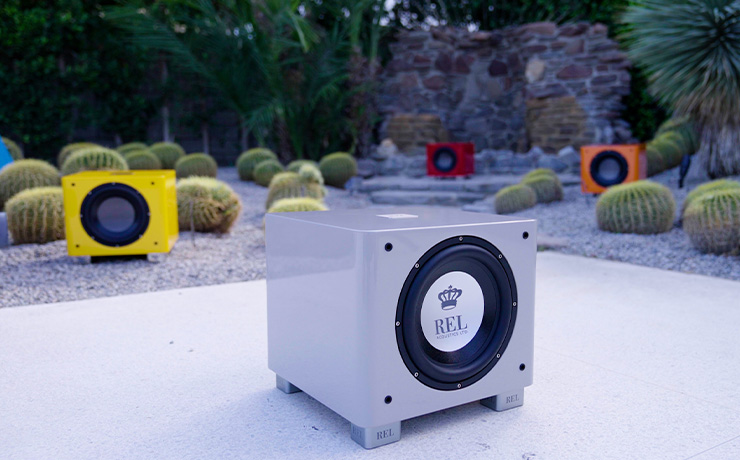 The REL T/9x Subwoofer with the Special edition colours in the background