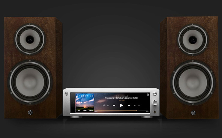 the HiFi Rose RS201E between two speakers