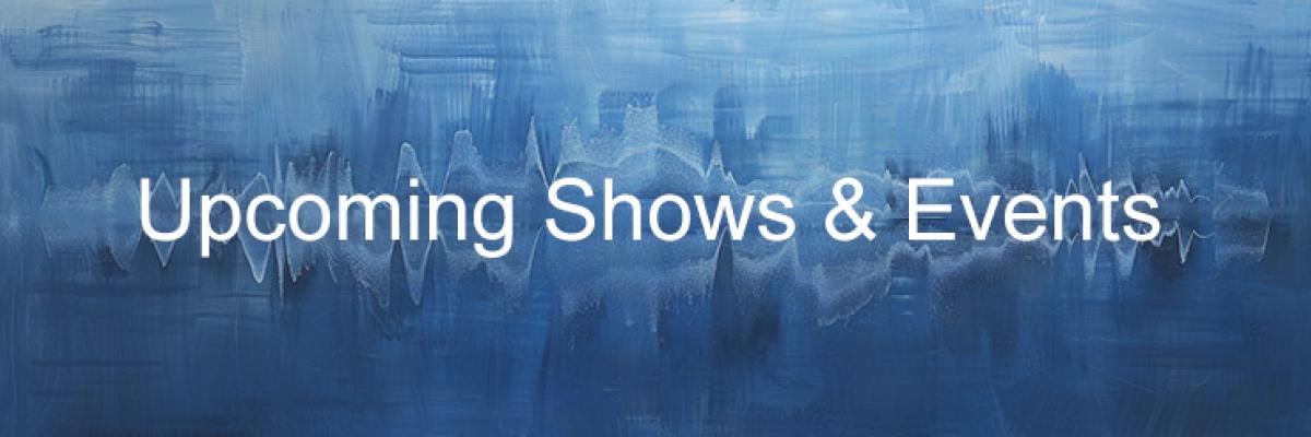 Upcoming Events and Shows in text on a blue soundwave background