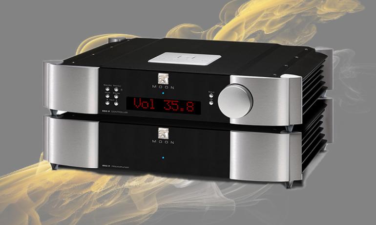 MOON 850P Preamplifier on a background of yellow and white smoke
