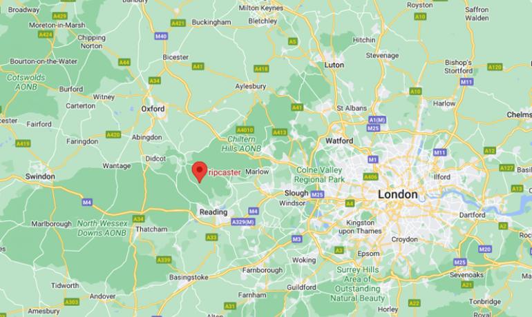 A map showing the position of ripcaster which is to the left of London, outside of the M25.