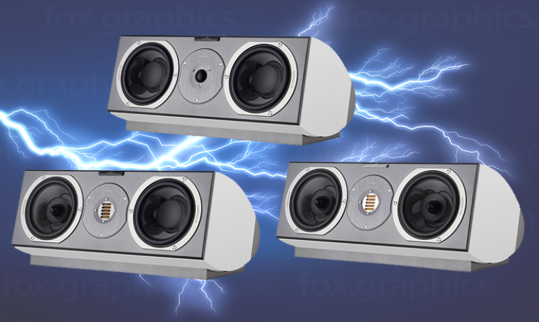Three Audiovector centre speakers.  Background is dark blue with a flash of lightning across the middle.