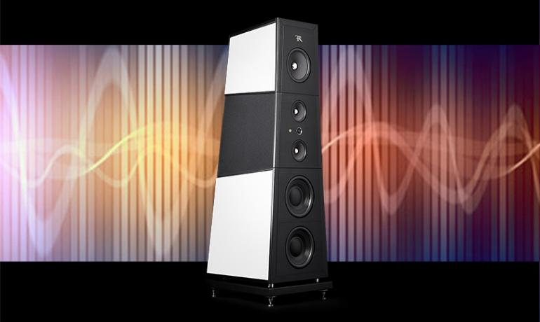 Rosso Fiorentino Florentia Loudspeaker on a colourful soundwave background with black edges at the top and bottom