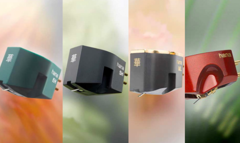 Four different Hana cartridges from left to right on alternating green and orange backgrounds.