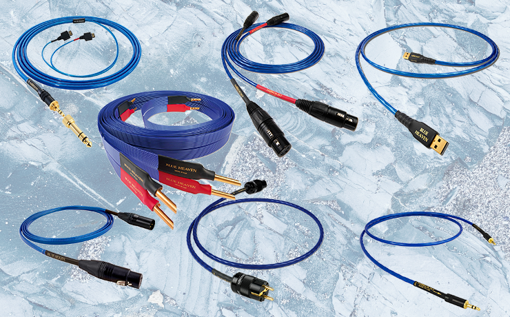 A selection of Nordost Blue Heaven Cables on a blue, icy style background