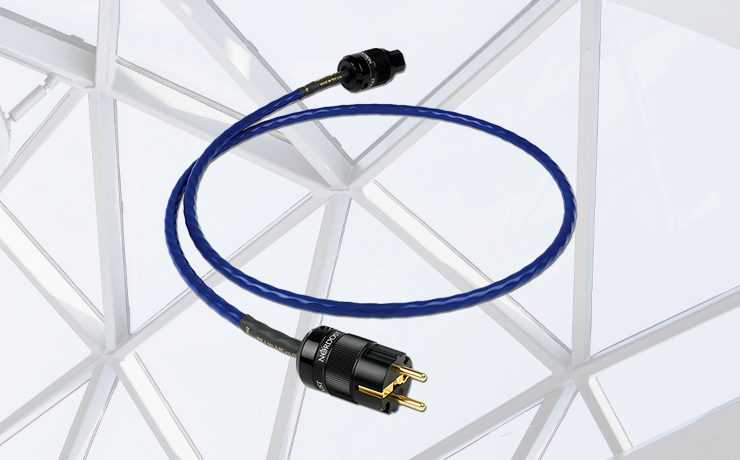 Nordost Blue Heaven Power Cable.  Background is a metal and glass roof.