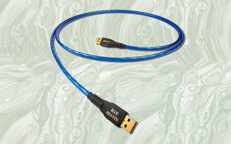 Nordost Blue Heaven USB 2.0 Cable on a faded splodgy green background.