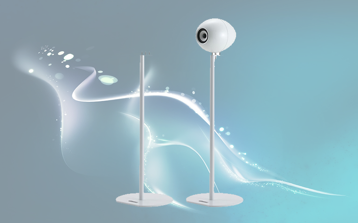 Eclipse speaker stand in white and an Eclipse speaker on stand, also in white.  On a blue background.