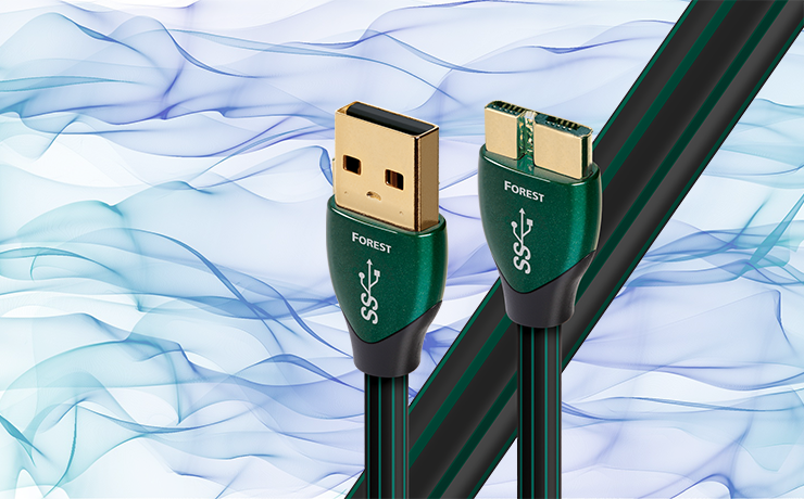 AudioQuest Forest USB Cable.  Background is blue and green ribbon like