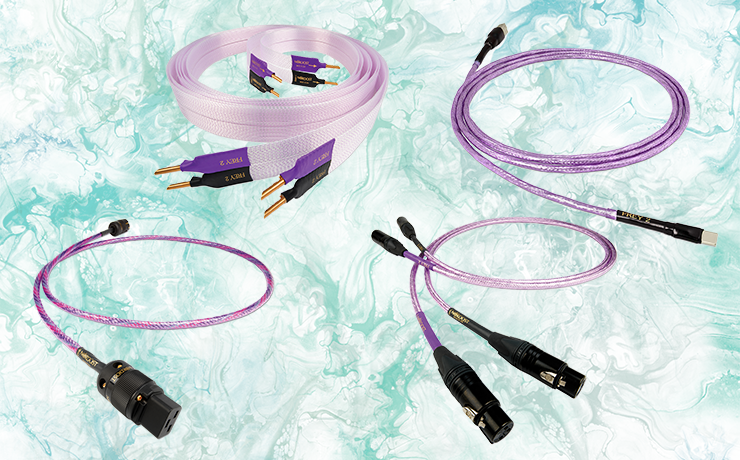 Nordost Frey 2 Cables with a patterened green background.  Cables include power and speaker cables.
