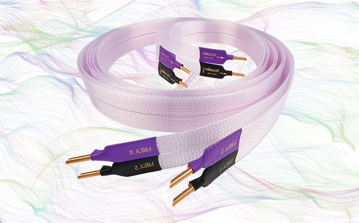 Nordost Frey 2 Speaker Cable on a background of thin, colourful lines