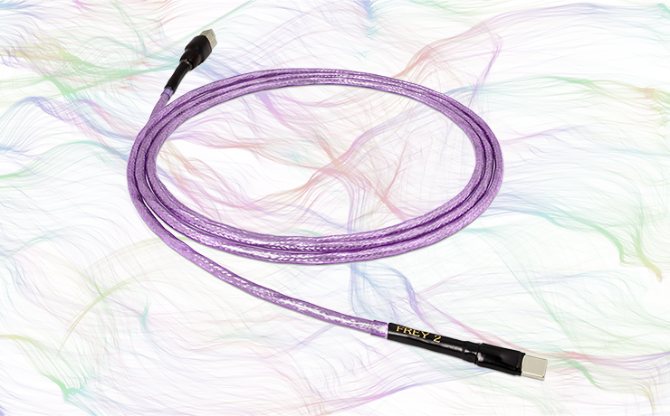 Nordost Frey 2 USB C Cable on a background of thin, colourful lines