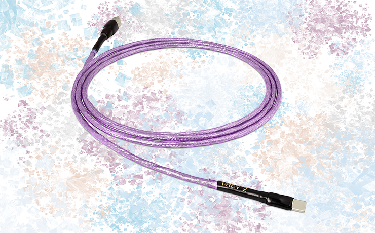 Nordost Frey 2 USB C Cable on a colourful, muted, splodgy background