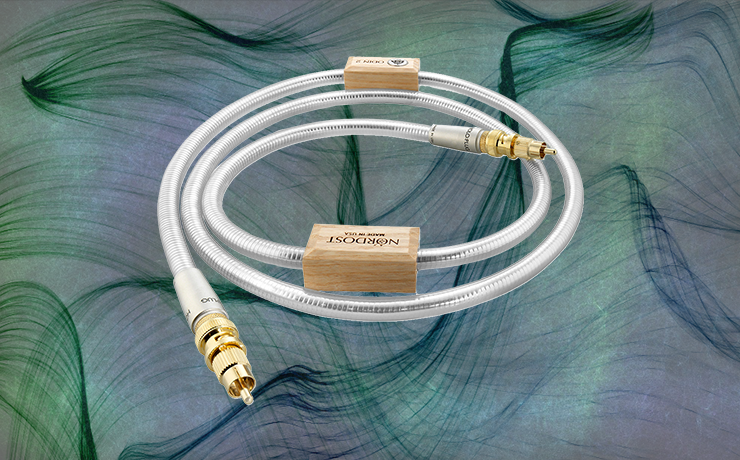 Nordost Odin 2 Digital Cable (75ohm) on a grey background with thin, green wavy lines.