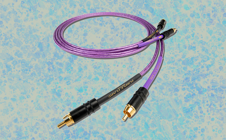 Nordost Purple Flare Analogue Interconnect Cable on a light and dark blue spolodgy background