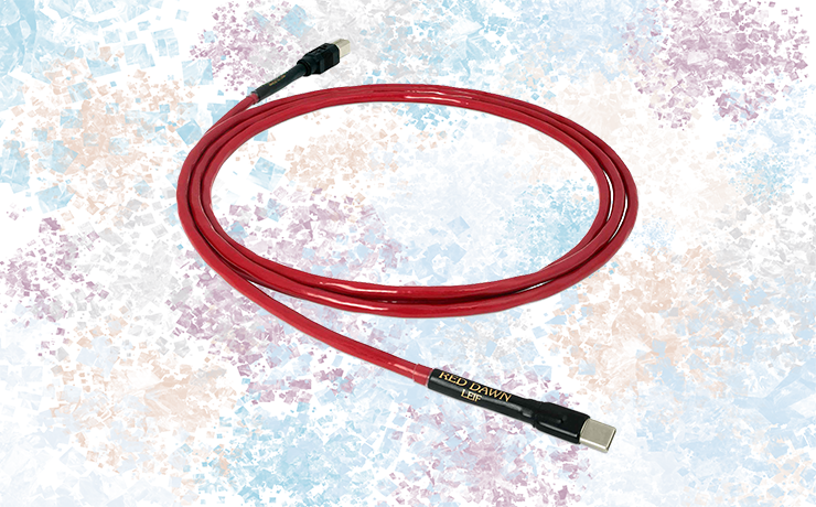 Nordost Red Dawn USB C Cable on a muted, colourful background of splodges
