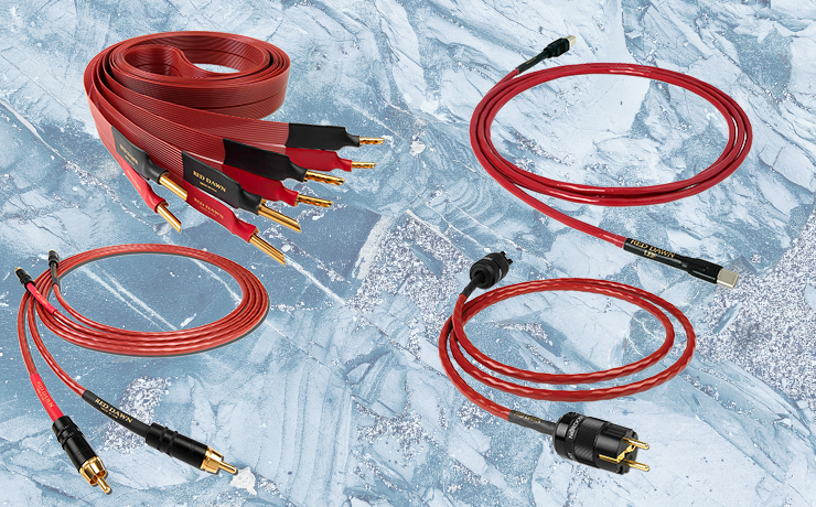 Nordost Red Dawn cables on an icy blue/grey background