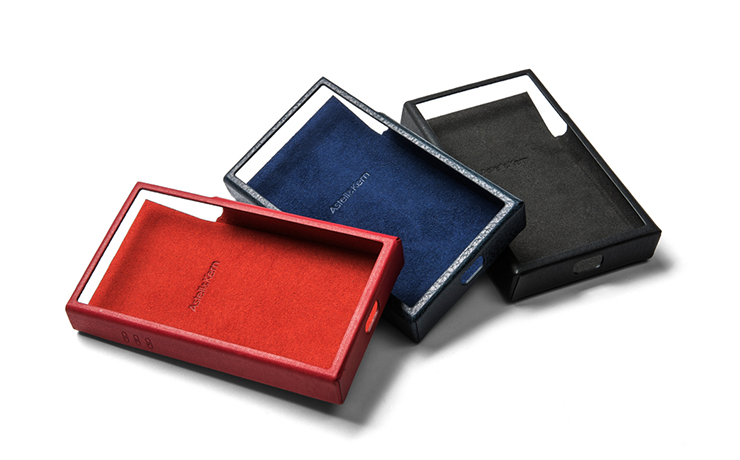 Three Astell & Kern SE100 Leather Cases in red, blue and black