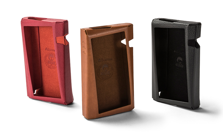 Three Astell & Kern SR25 cases pictured in red, brown and black.