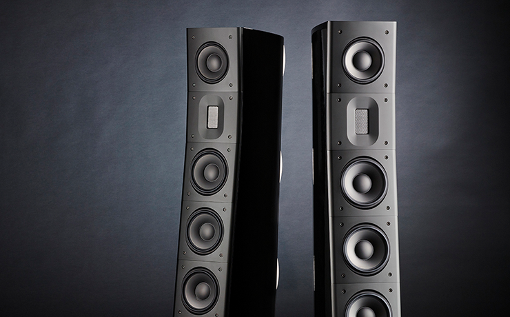 A pair of black Raidho Acoustics TD3.2 Loudspeakers on a black background