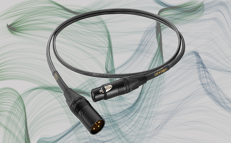 Nordost Tyr 2 Digital Cable (110ohm) on a background of thin, wavy, green and navy lines.