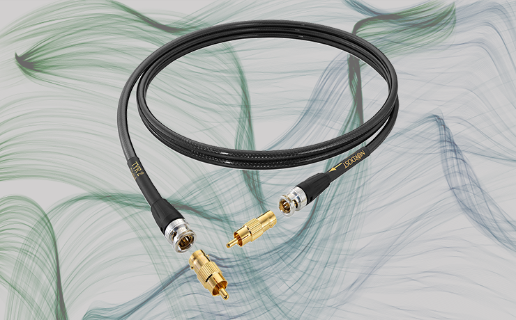 Nordost Tyr 2 Digital Cable (75ohm) on a background of thin, wavy, blue and green lines.