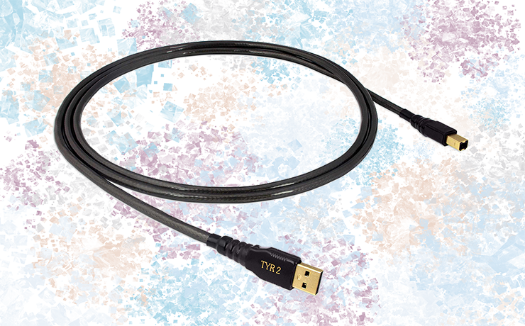 Nordost Tyr 2 USB 2.0 Cable on a colourful, splodgy background