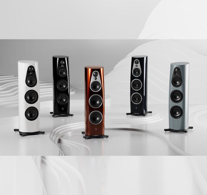 Linn 360 speakers - the different colours lined up