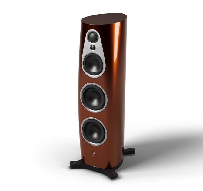 Linn 360 speakers in a high gloss dark amber colour