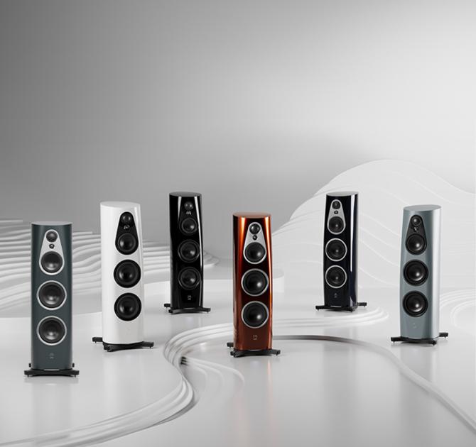 The Linn 360 speaker family showing a speaker in each of the six finishes