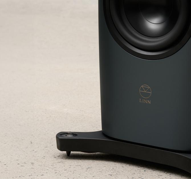 Linn 360 speaker in Triton - close-up of the bottom part showing the stand and the Linn logo