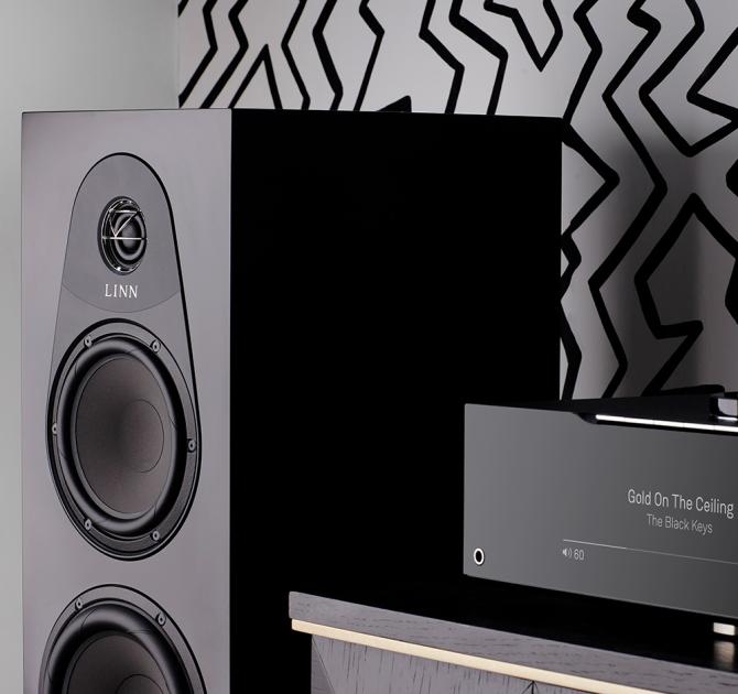 Linn 150 speaker in black beside a DSM