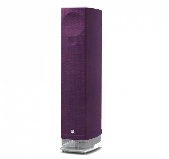 Linn Series 5 530 Exakt Active Speakers in aubergine with a white glass base