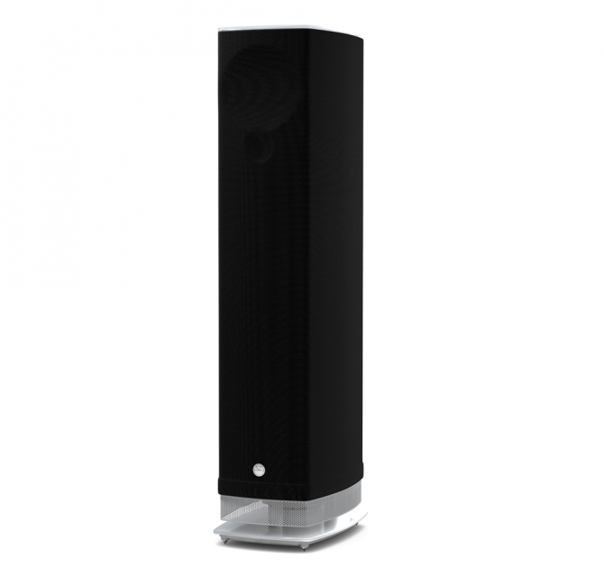 Linn Series 5 530 Exakt Active Speakers in black with a white glass base