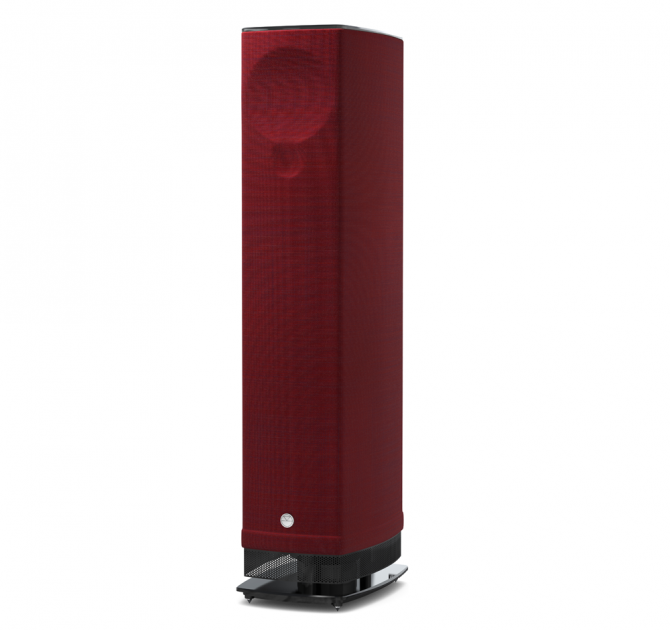 Linn Series 5 530 Exakt Active Speakers in Paprika with a black glass base