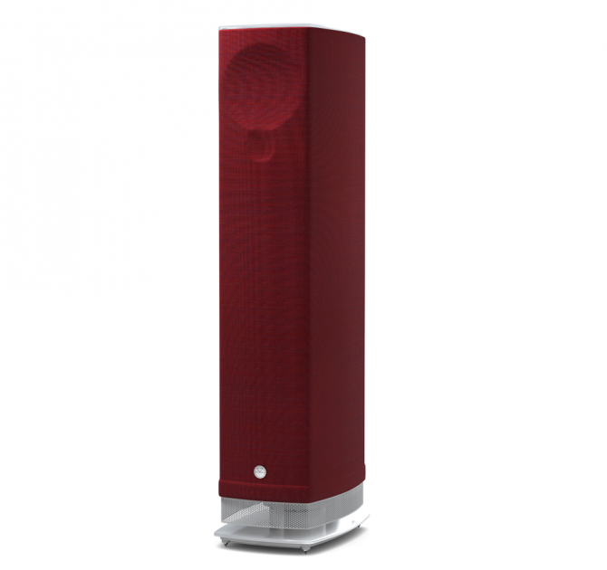 Linn Series 5 530 Exakt Active Speakers in paprika with a white glass base