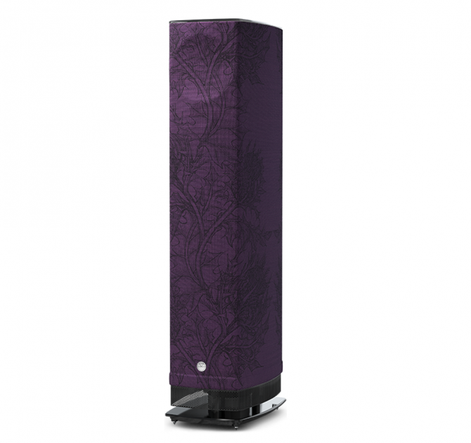 Linn Series 5 530 Exakt Active Speakers in Timorous Beasties Aubergine Thistle with a black stand