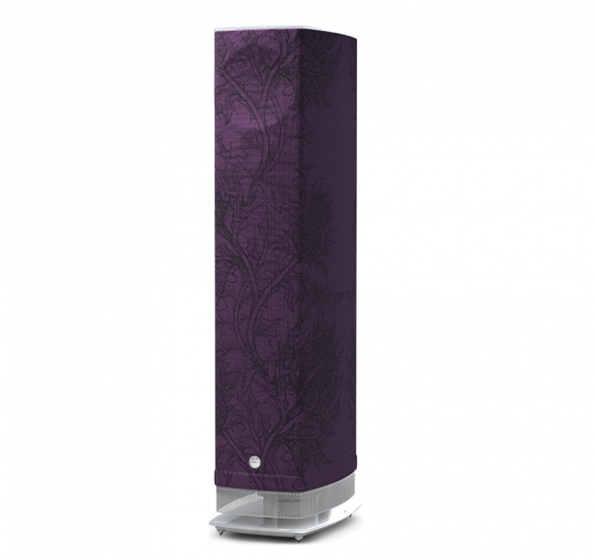 Linn Series 5 530 Exakt Active Speakers in Timorous Beasties Aubergine Thistle with a white stand