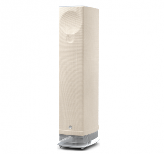 Linn Series 5 530 Exakt Active Speakers in Vanilla with a white glass base