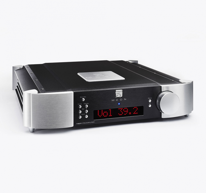 Moon 740P Single Chassis Reference Balanced Preamplifier front, side and top view.